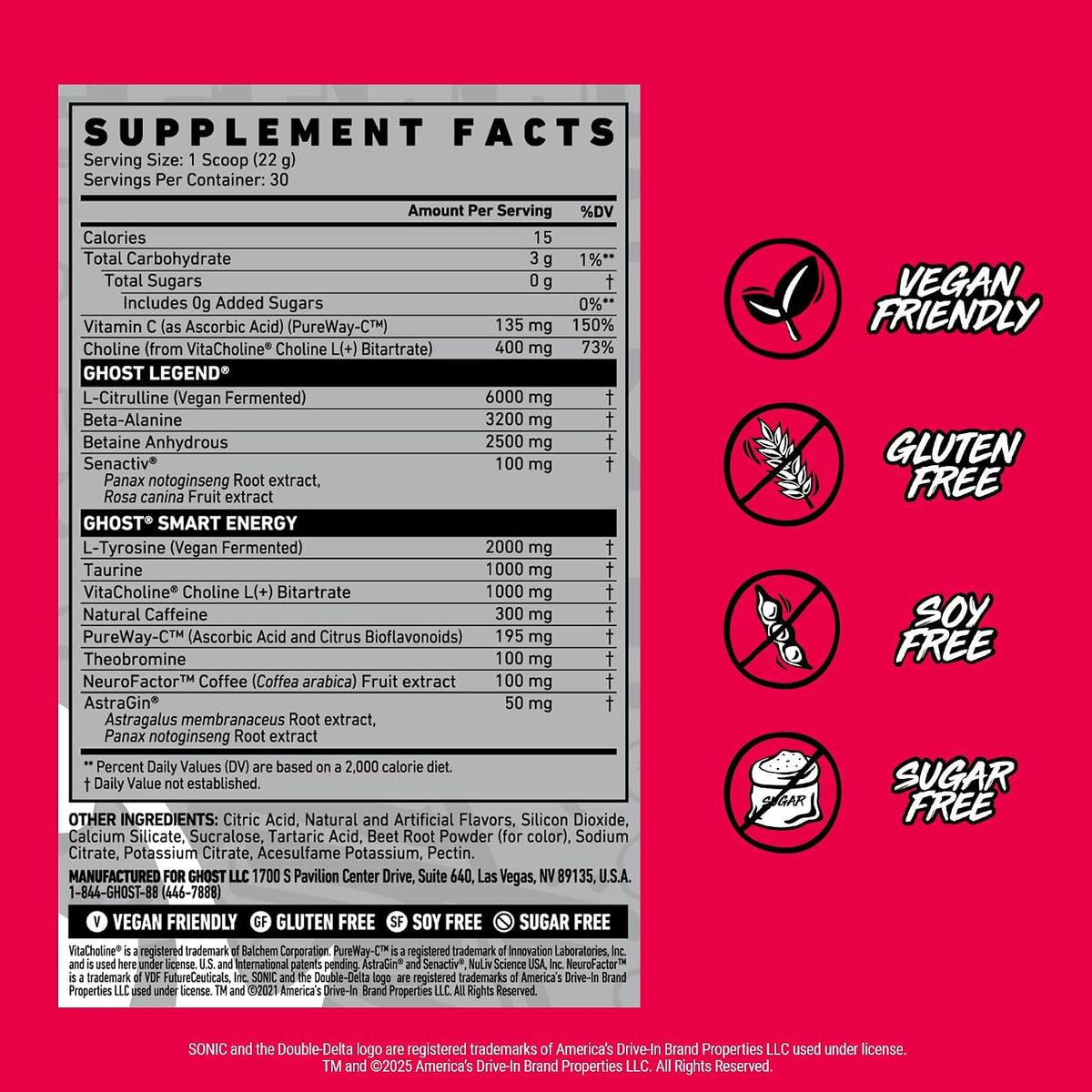 GHOST Legend Pre-Workout Powder, Sonic Cherry Limeade, 30 Servings | Pre-Workout with 300MG Caffeine, L-Citrulline, & Beta Alanine - Energy & Focus for Men & Women - Free of Soy, Sugar, & Gluten