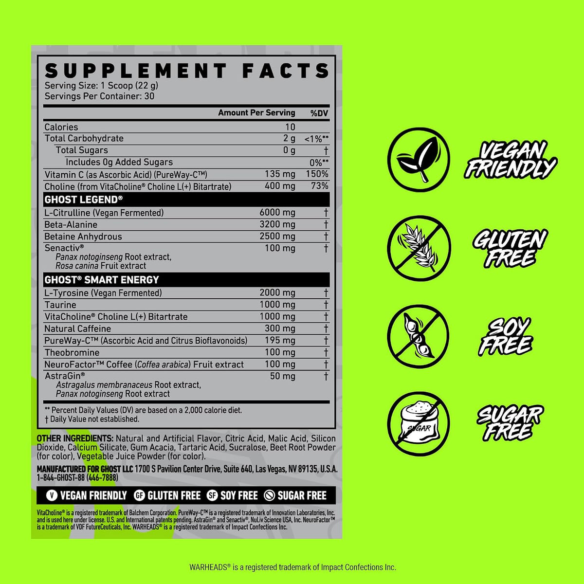 GHOST Legend Pre-Workout Powder, Sonic Cherry Limeade, 30 Servings | Pre-Workout with 300MG Caffeine, L-Citrulline, & Beta Alanine - Energy & Focus for Men & Women - Free of Soy, Sugar, & Gluten