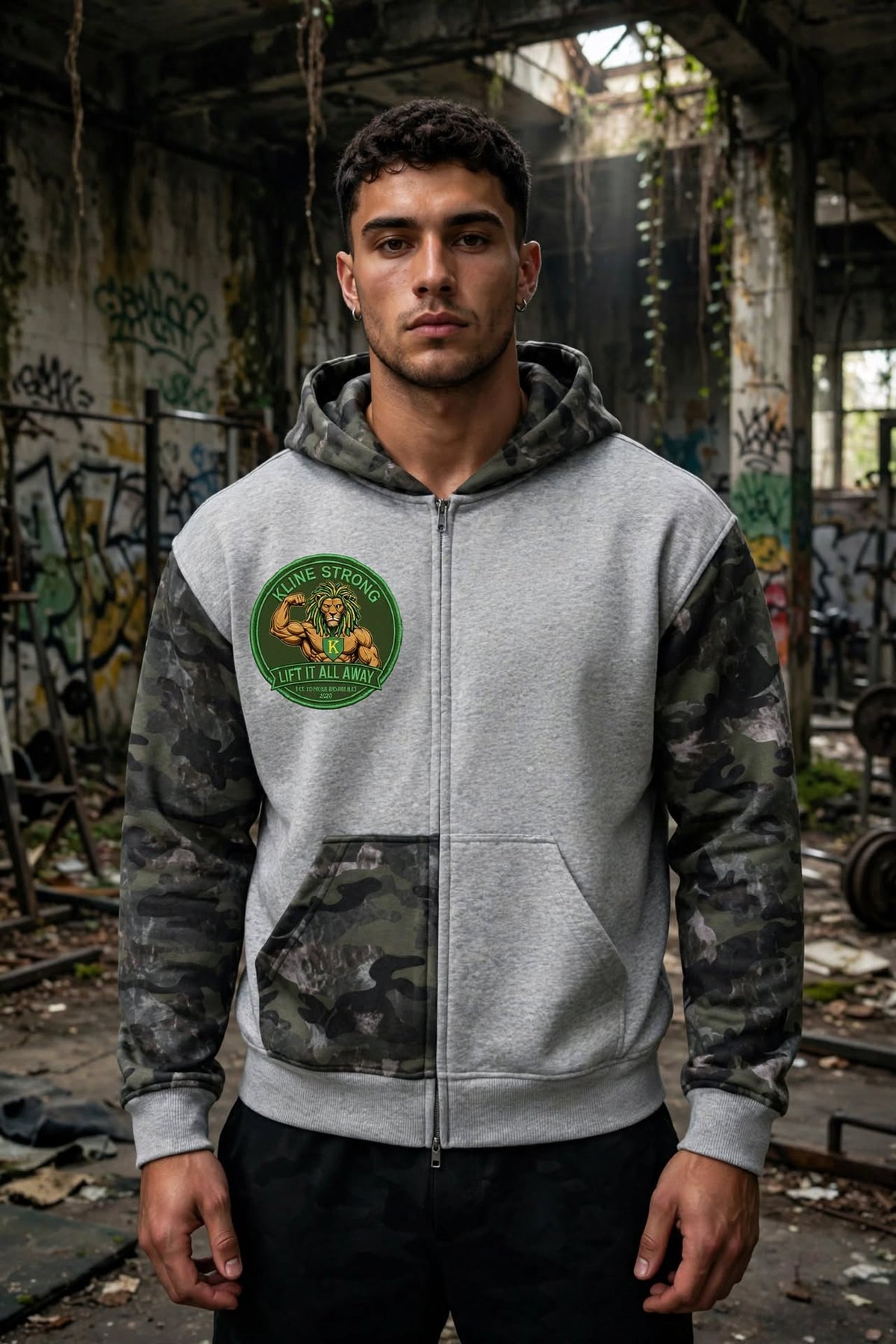 KSFBLLC(RASTA LION EDTION) Unisex Colorblock Camo Full Zip Boxy Hoodie