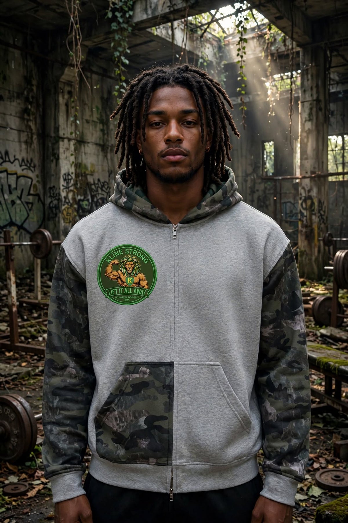 KSFBLLC(RASTA LION EDTION) Unisex Colorblock Camo Full Zip Boxy Hoodie